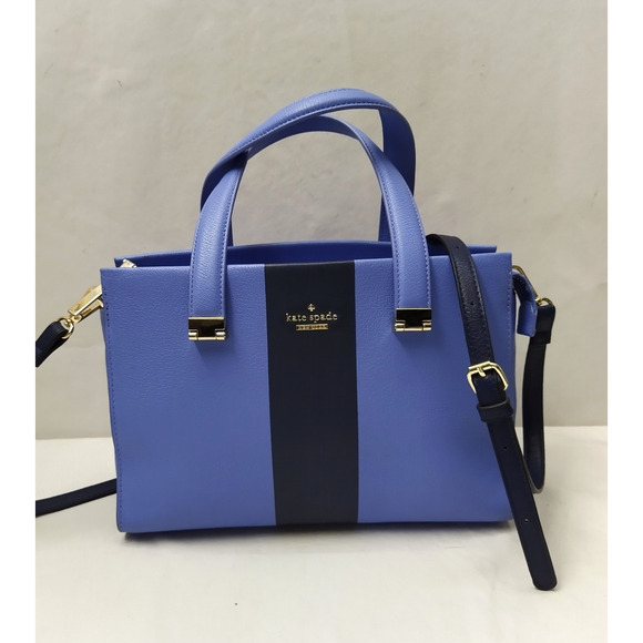 Kate Spade New York Blue Leather Stripe Double Handles Satchel Bag - Picture 1 of 16